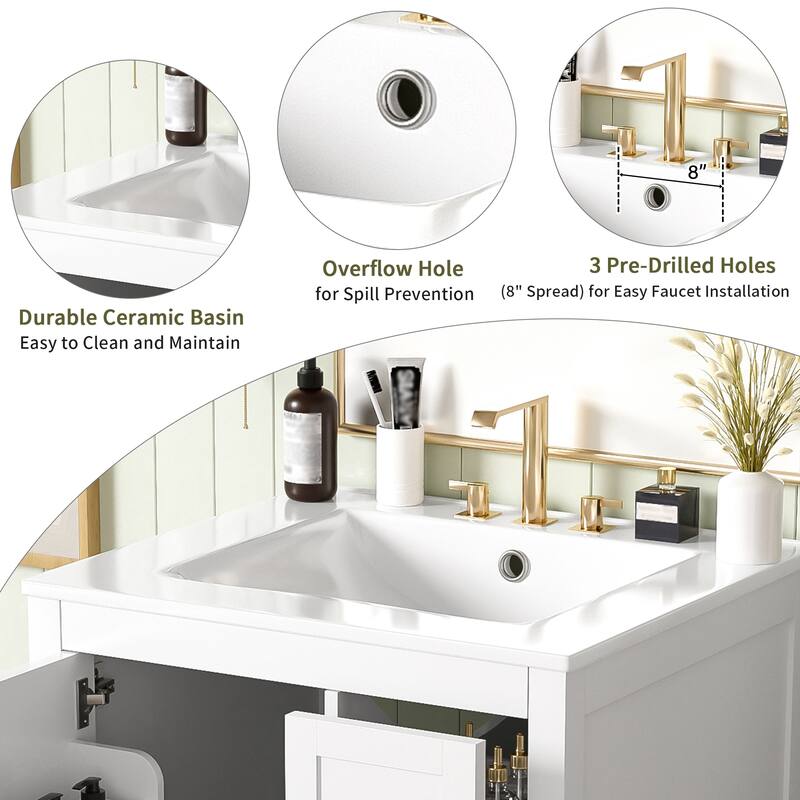 24" Bathroom Vanity with Ceramic Sink Bathroom Storage Cabinet with Double-Layer Door Shelf and 3 Drawers