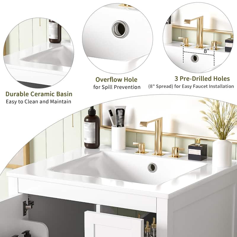 24" Modern Bathroom Vanity with Ceramic Sink - Soft-Close Door, 3 Drawers, Double-Layer Shelf, Minimalist Design