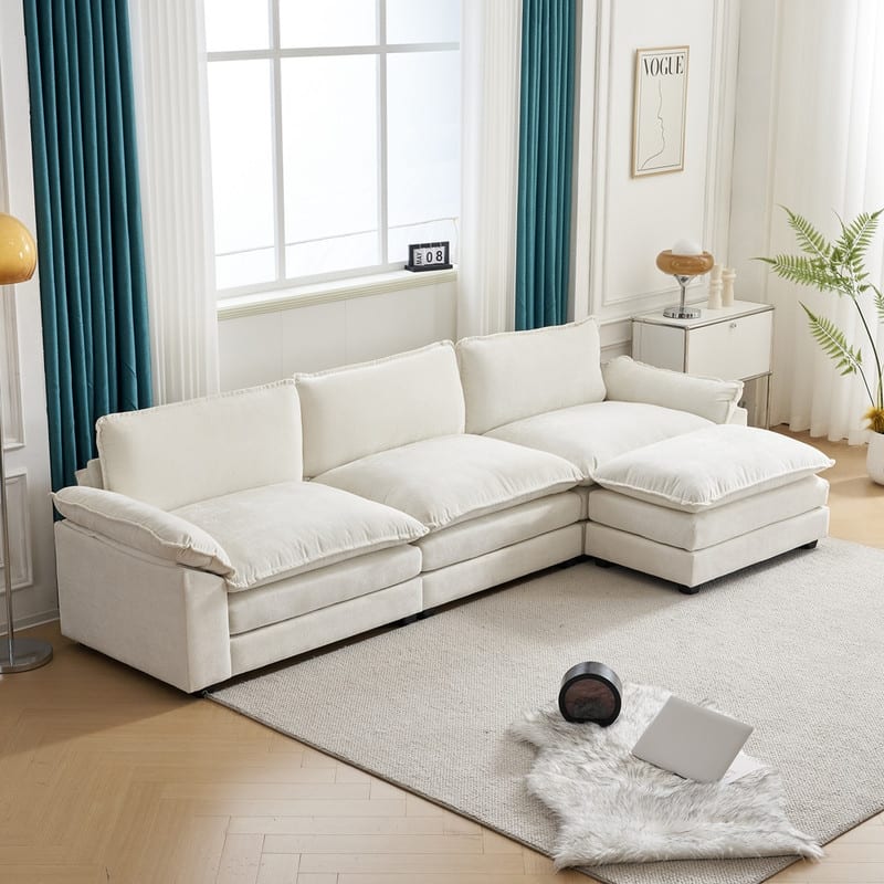 Double Layer Cushion Cloud Couch, Moludar Sofa With Reversible Ottoman For Living Room - Beige Chenille - Reversible