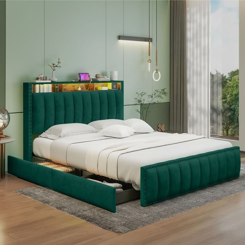Full / Queen / King Size Platform Bed Frame with Upholstered Storage Headboard and 4 Drawers
