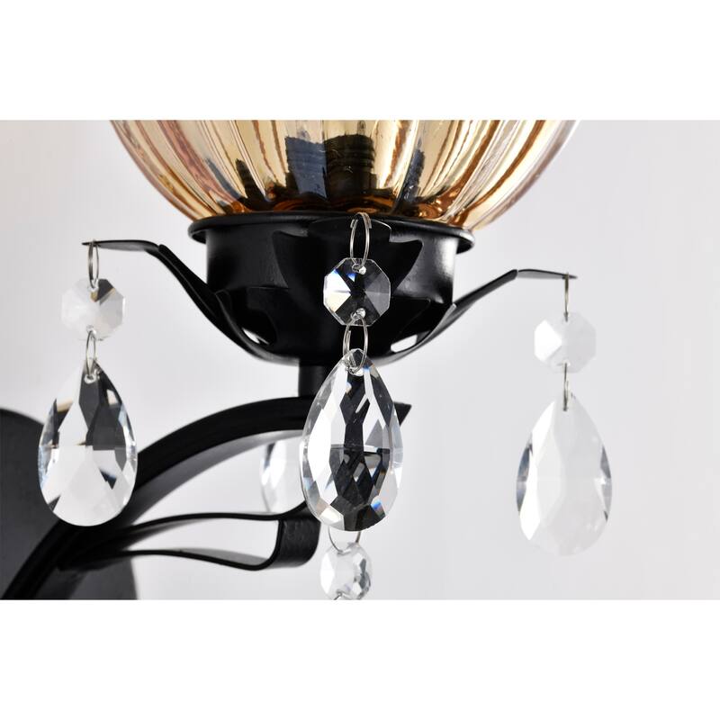 Aubrie Black Finish Wall Sconce with Crystal Flower Shade and Teardrop Pendants