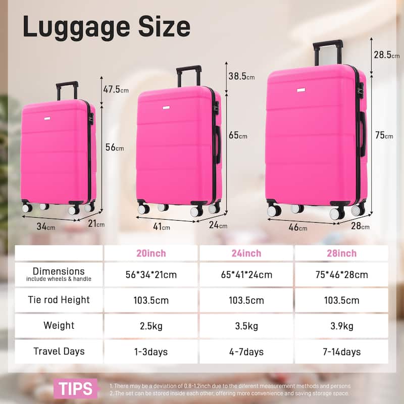 Hardshell Luggage Sets 3 Piece Double Spinner Wheels Suitcase with Handle Password Lock, Lightweight 20"+24"+28" Luggages