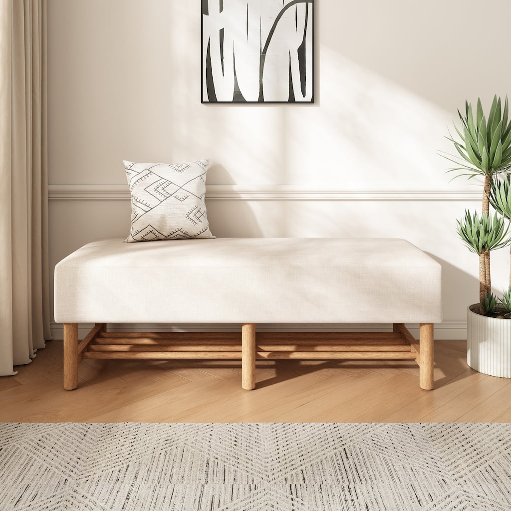 Rectangular Upholstered Ottoman Bench with Linen Fabric and Solid Wood Legs
