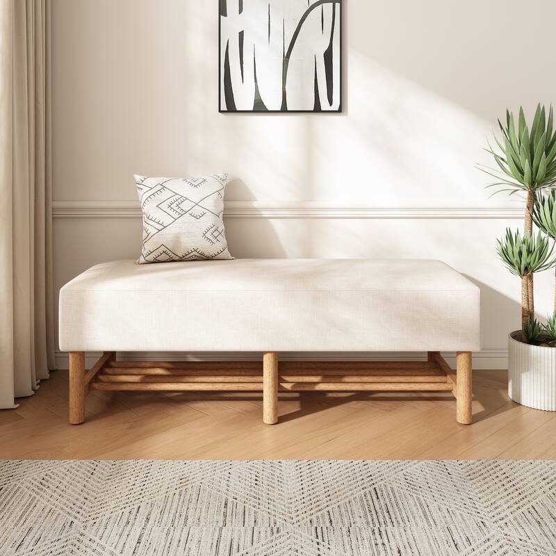 Roomfitters Rectangular Upholstered Ottoman Bench with Linen Fabric Seat and Solid Wood Legs, Beige