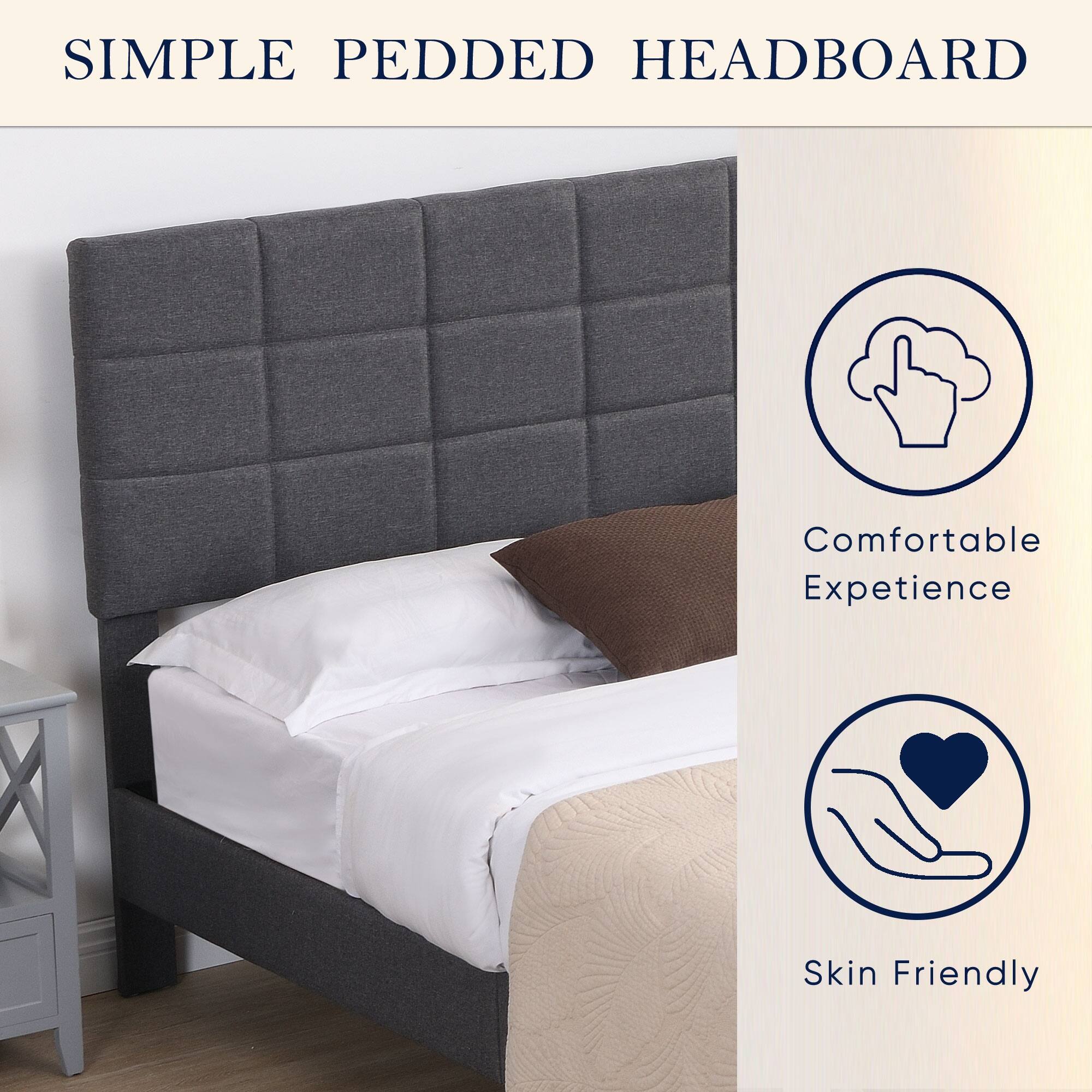 BrickShaped Headboard Design Upholstered Platform Bed, Full Size Wood Slat Bed Frame with