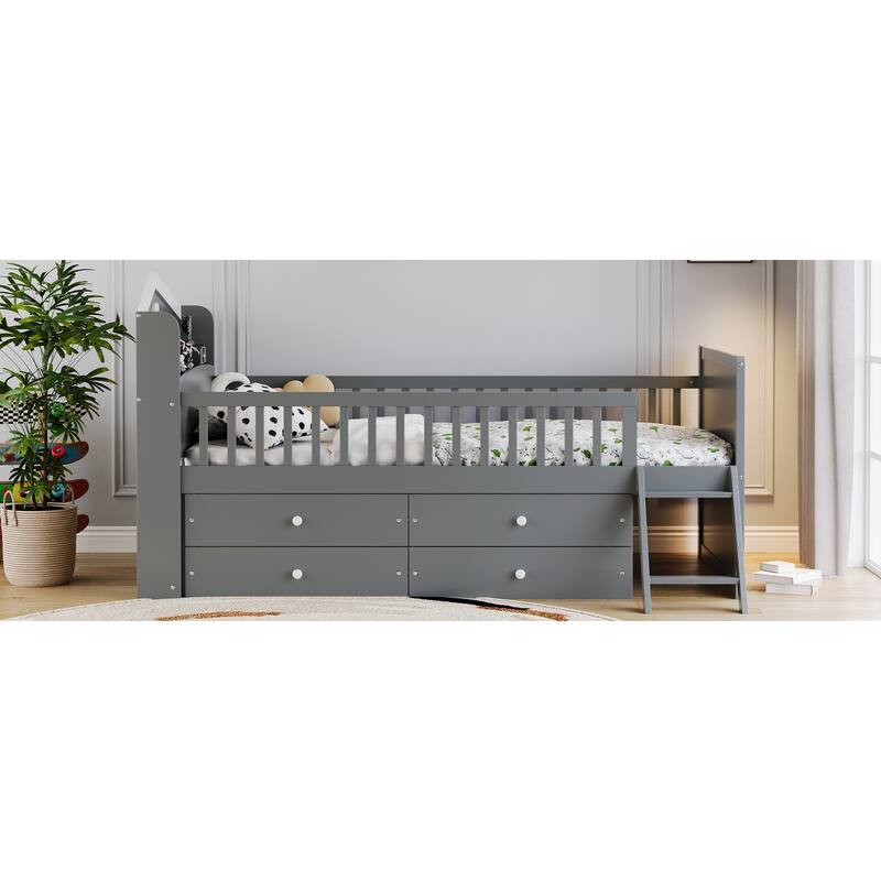 Twin Bed with 4 Drawers and Guardrail Headboard