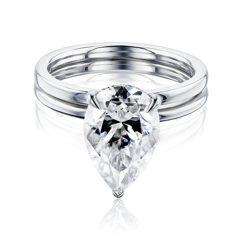 Kobelli Signature Collection 3.6 Carats Moissanite & Diamond 14k Solid Gold Pear Hidden Halo Plain Bands Piper 2pc Bridal Set - 10 - White