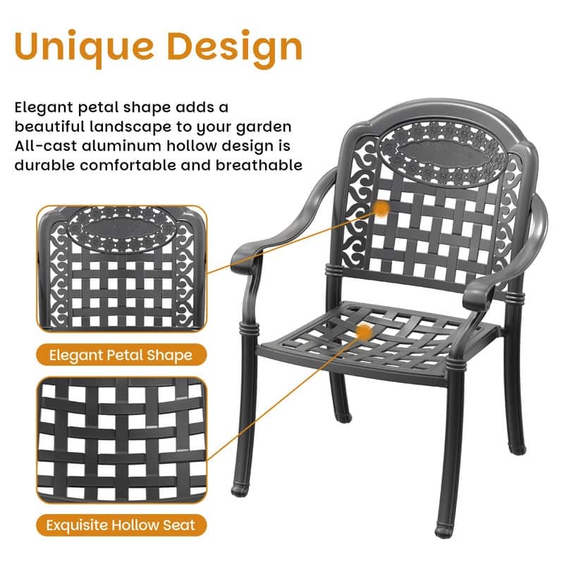 Black Stackable Cast Aluminum Patio Outdoor Dining Chairs With Blue Seat Cushions