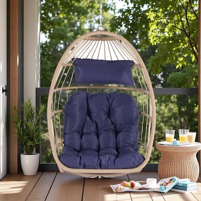 Rattan Egg Hanging Chair with UV-Resistant PE Wicker with Wood Frame and Waterproof Cushion