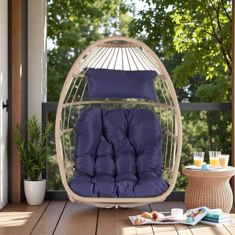 Rattan Egg Hanging Chair with UV-Resistant PE Wicker with Wood Frame and Waterproof Cushion
