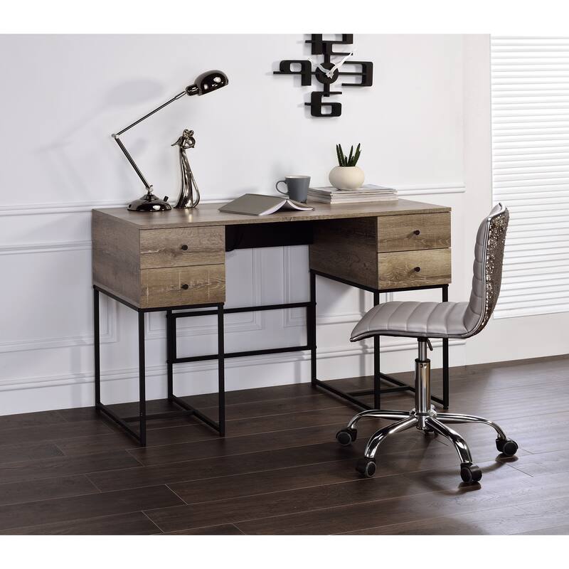 Elegant Rustic Oak Writing Desk with Four Storage Drawers, USB Charging Port & Sleek Black Metal Sled Base for Home or Office - Oak