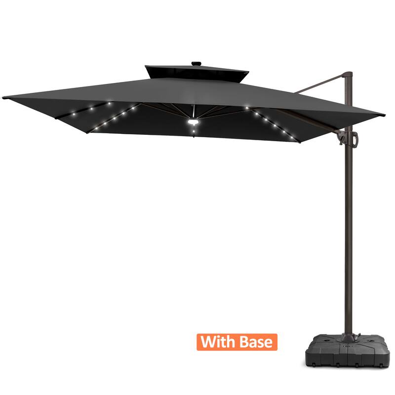 VredHom 11X11 FT Outdoor Square Cantilever Patio Aluminum Umbrella Solar LED Light with Wheel Base