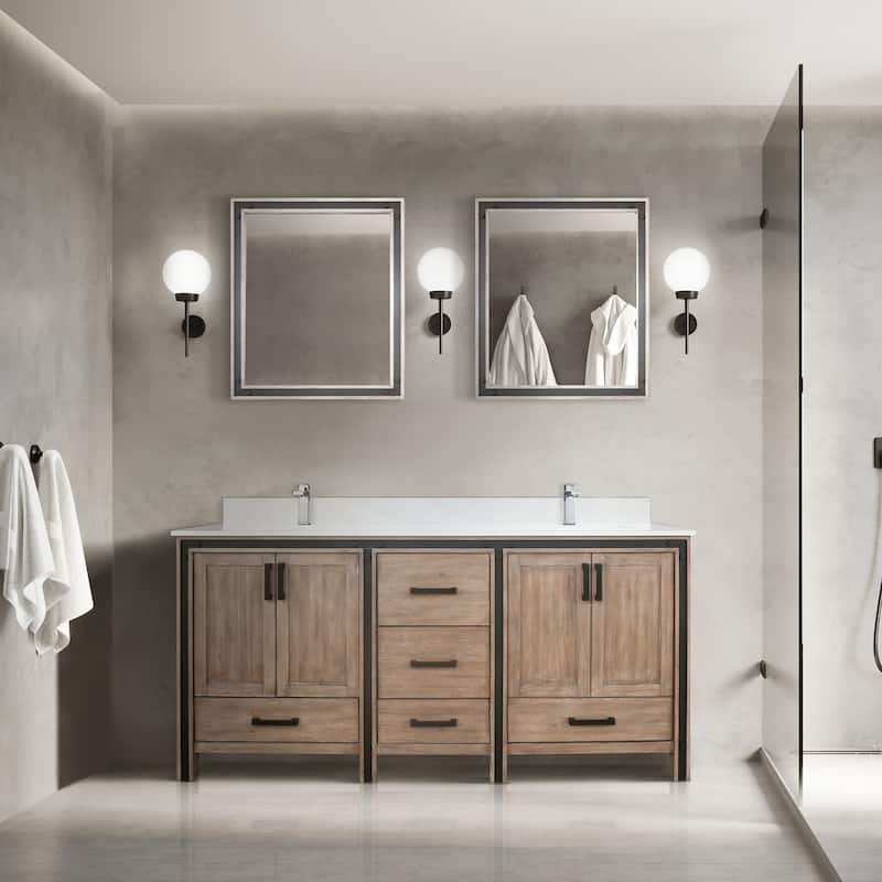 Ziva 72 in W x 22 in D White Double Bath Vanity, White Quartz Top, Faucet Set and 30 in Mirrors - 72 Inch - Rustic Barnwood