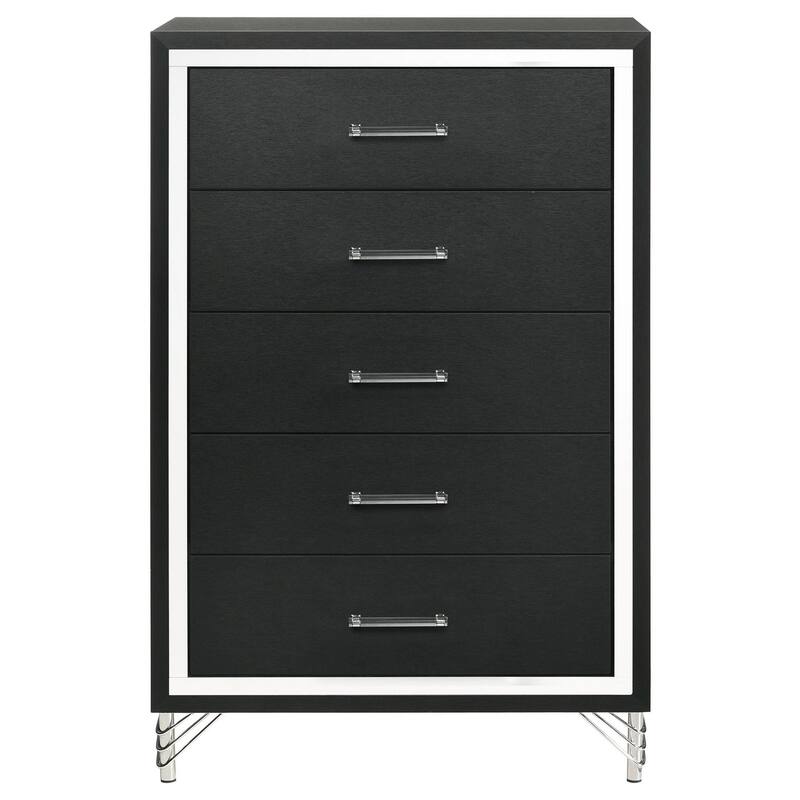 Jenny Tall Dresser Chest, 5 Drawers and Chrome Accents, Modern Black