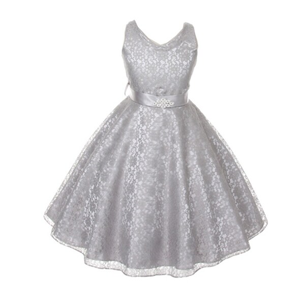 Good Girl Little Girls Silver Lace Brooch Attached Flower Girl Dress
