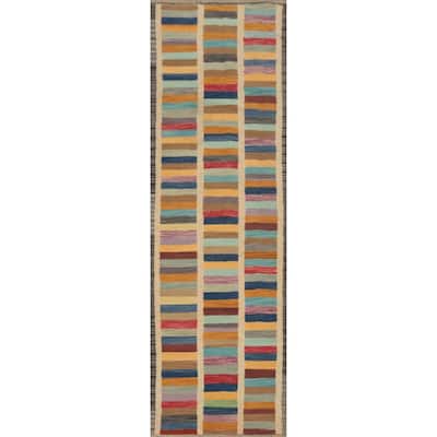 Hand Woven Oriental 100% Wool Carpet Southwestern Modern Multi-Colored Kilim Runner Rug - 8' 2'' X 2' 0''