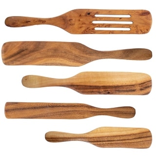 Spurtle Spoon Spatula Utensil - 5pc Set Teak Wood - Non Stick Wooden Cookware - Stir, Scrape, Flip, Drain, Fold & Smash. - Large