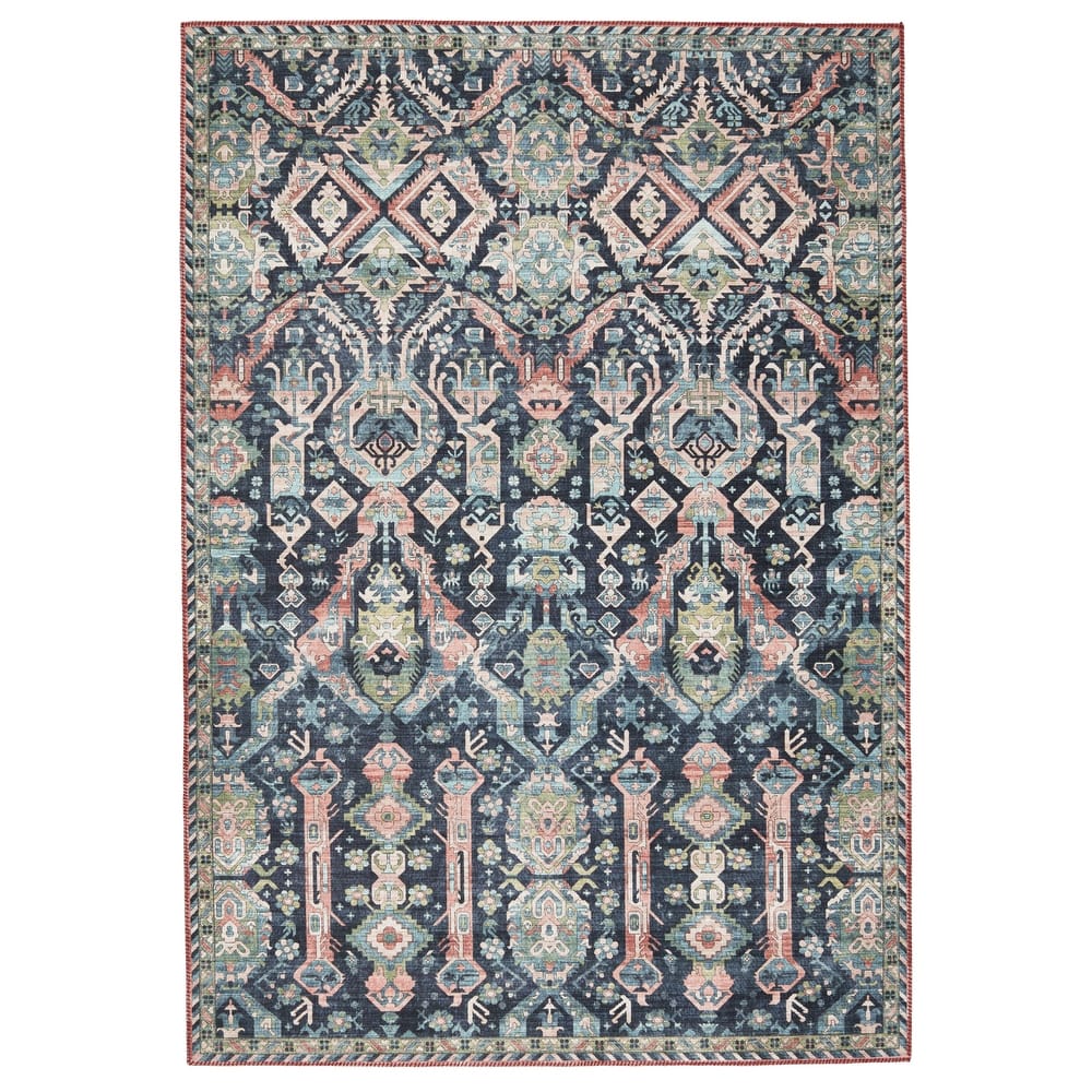Teleza Machine Washable Trellis Dark Blue/ Clay Area Rug