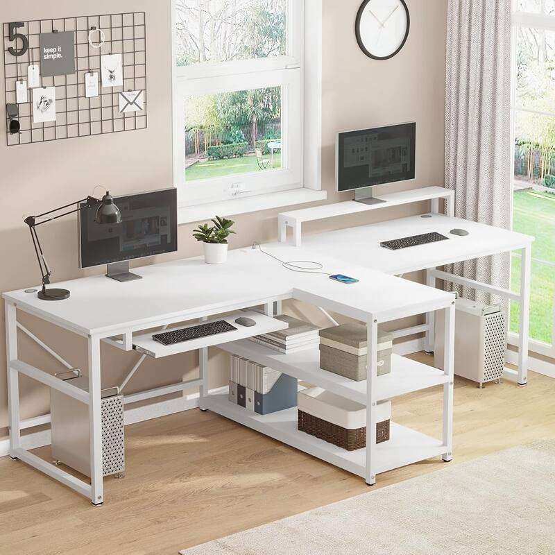 Two Person Double Computer Desk LED Gaming Desk 2 Storage Shelves