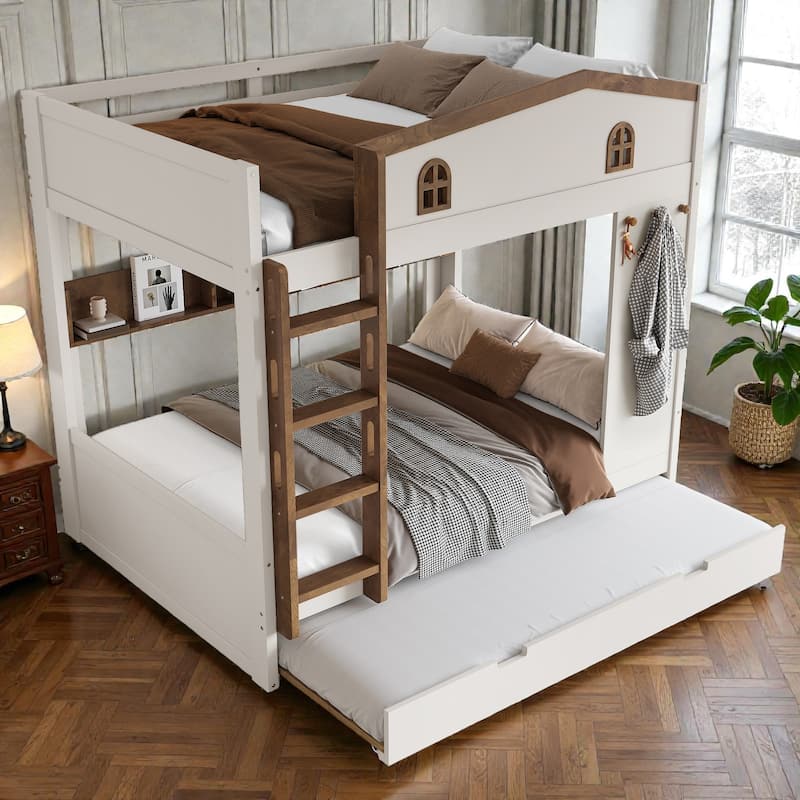 Solid Wood Bunk Bed with Trundle and Storage Shelves, Full Over Full/Queen Over Queen Bunk Bed with Hooks
