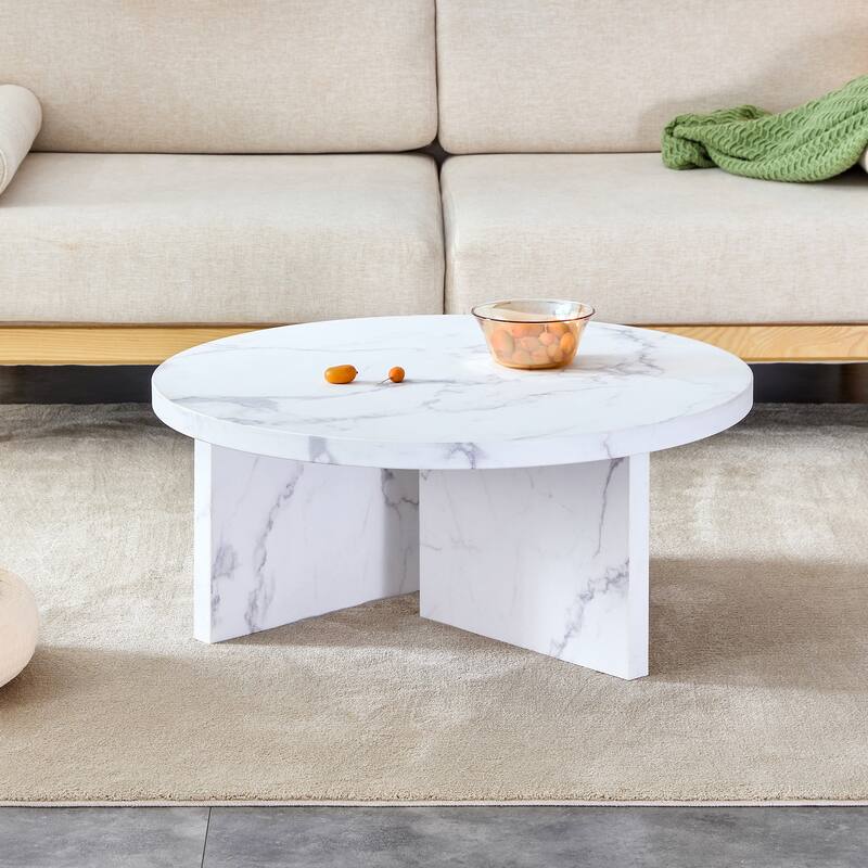 A white MDF material circular patterned coffee table, a 31.4-inch white center table, modern coffee table