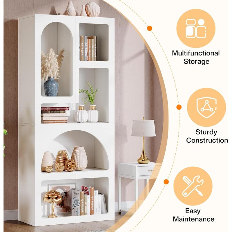 70” White Wood Bookshelf with 5 Storage Shelves for Living Room
