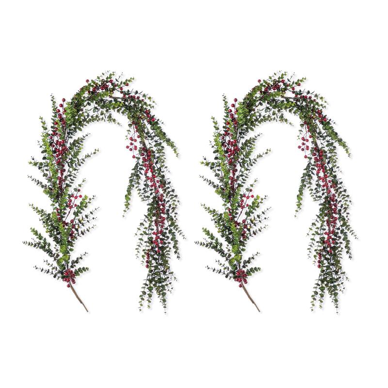 Glitzhome 9ft/6ft Christmas Greenery PE Dripping Eucalyptus Garland & 28"D Wreath with Red Berries - Set of 2 - "6ft Garland"