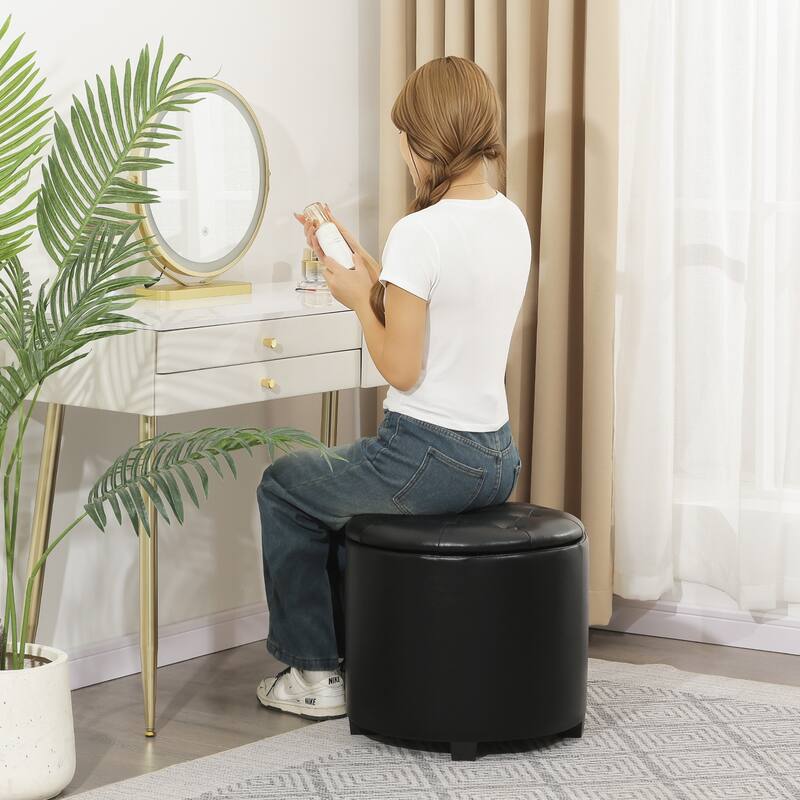 Adeco 17" Faux Leather Round Storage Ottoman with Tufted