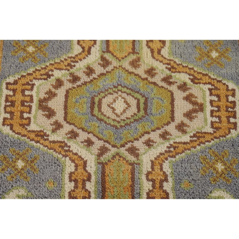 Hand Knotted Oriental 100% Wool Carpet Traditional Geometric Greys & Charcoal Kazak Runner Rug - 9' 10'' X 2' 6''