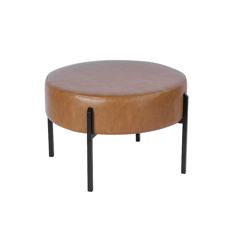 Joe Round Ottoman Footstool, Black Metal, Brown Faux Leather 28 Inch