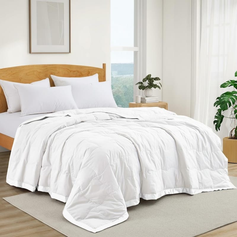 Soft Down Feather Oversized Blanket with Satin Trim for Bed - Full / Queen - White