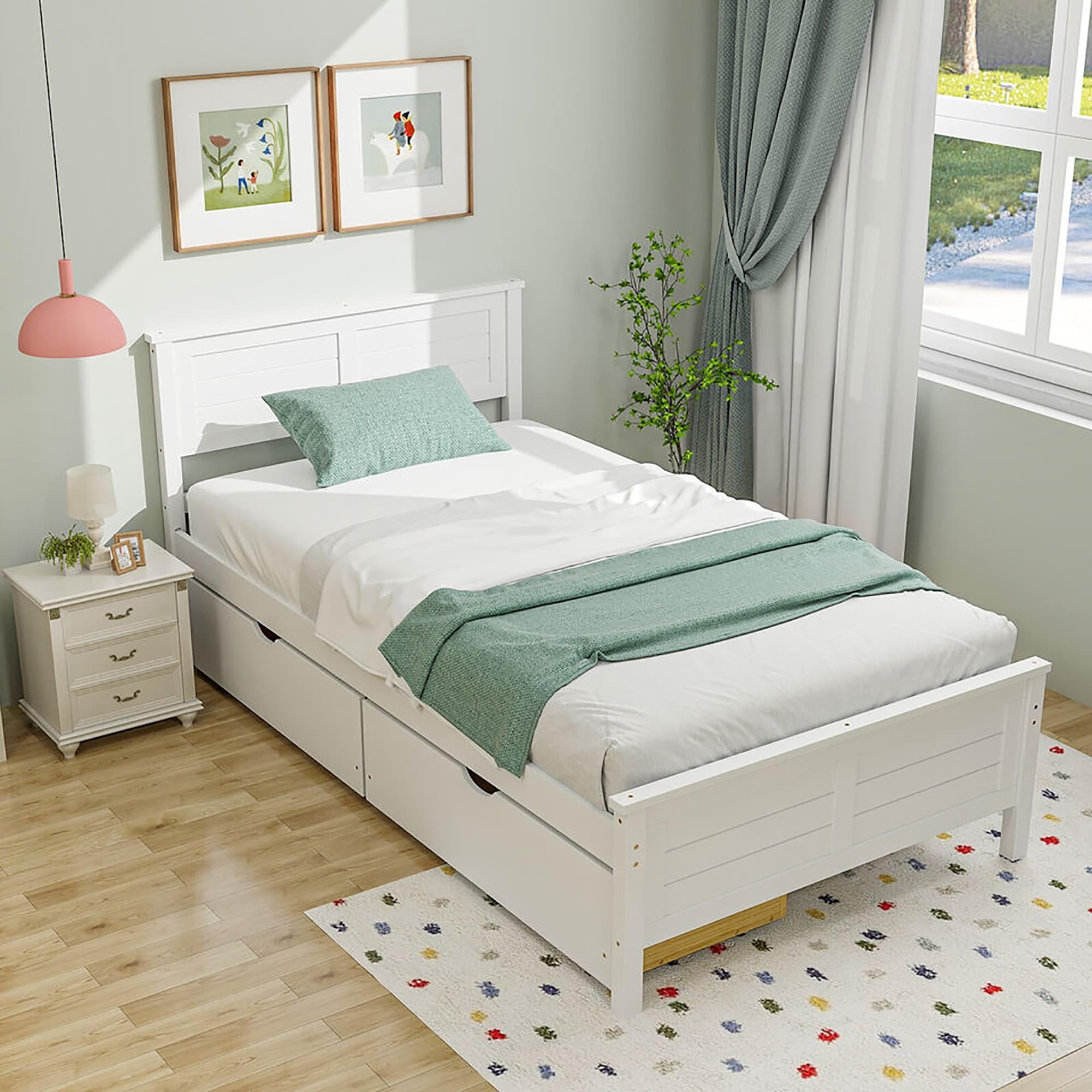 Gymax Twin/Full Size Wooden Bed Frame w/ 2 Storage Drawers & Under-bed