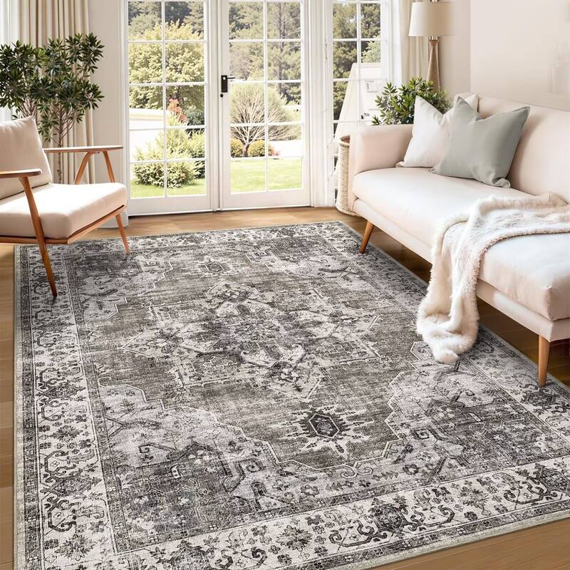 Vintage Rugs for Living Room, Medallion Print Soft Non Slip Low Pile Floor Carpet