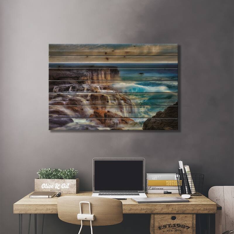 Ocean Wave Waterfall Print On Wood by Dennis Frates - Multi-Color