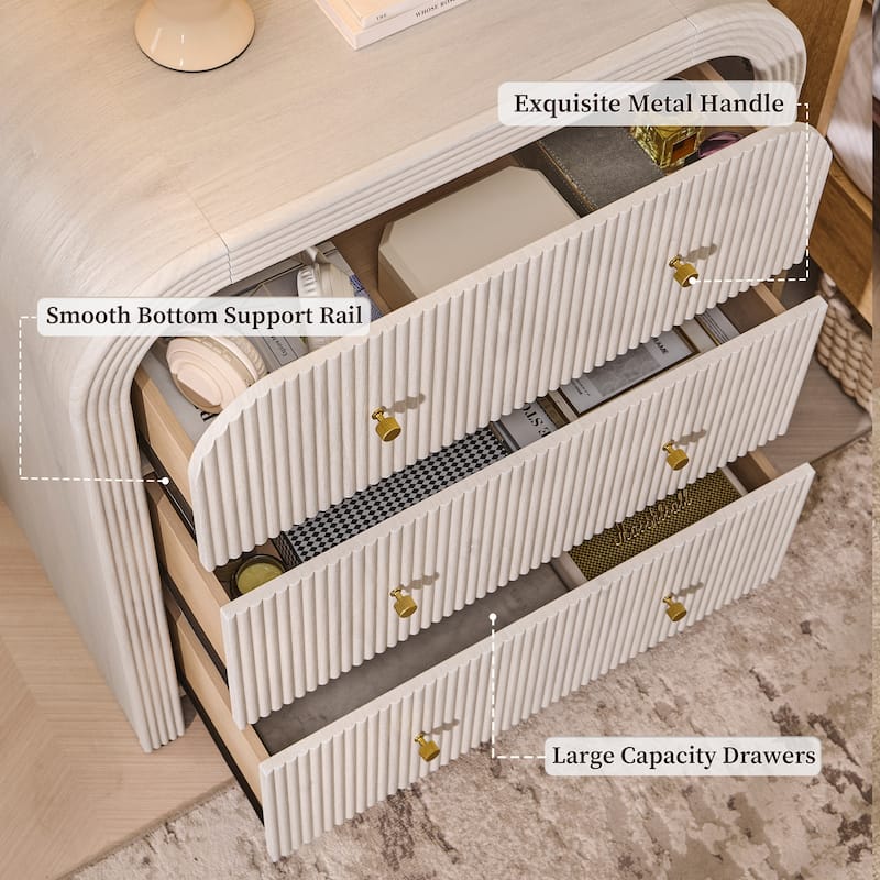 Modern Fluted 3 Drawers Dresser, Rounded Corner Chest of Drawers