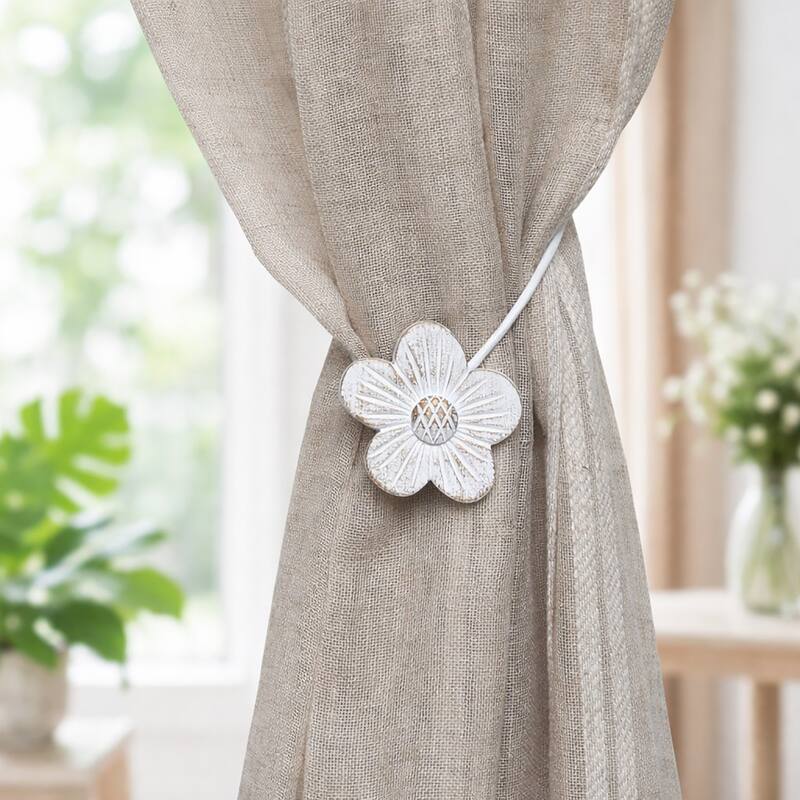 Resin Flower Curtain Tiebacks with Magnetic Closure 12 in White/Gold