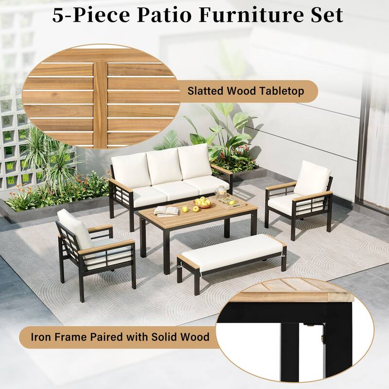 5-Piece Outdoor Patio Iron Conversation Sofa Set with Coffee Table and Bench