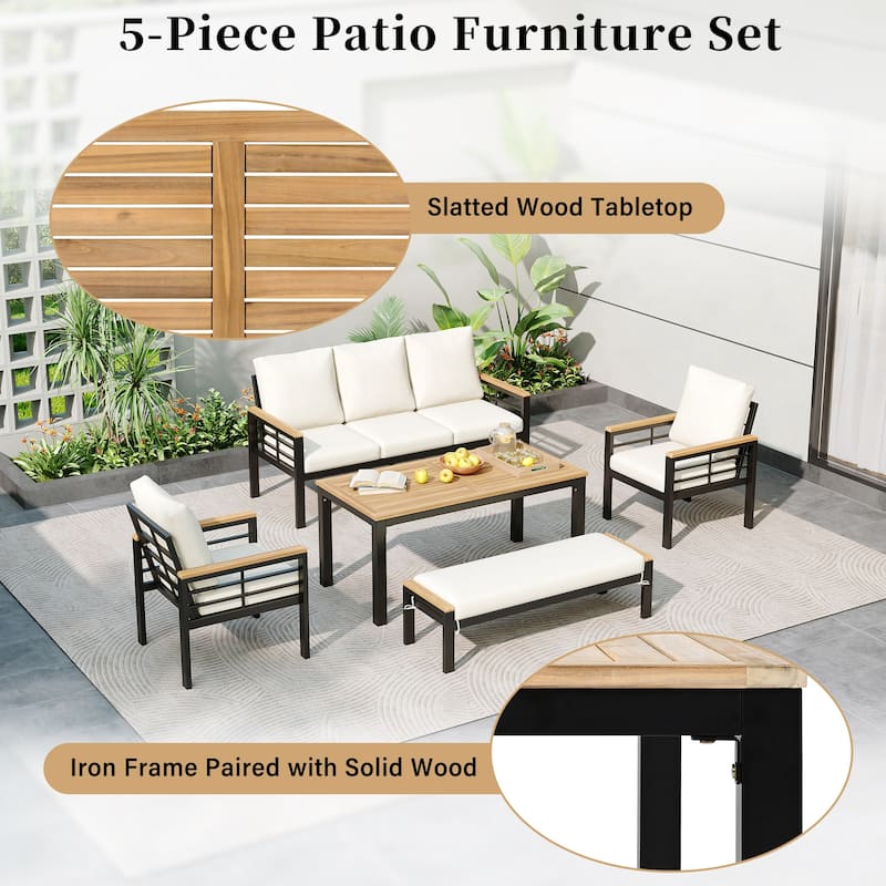 5 Pieces Outdoor Patio Furniture Set with 3-Seat Sofa & Cushions for Backyard, Poolside, Garden