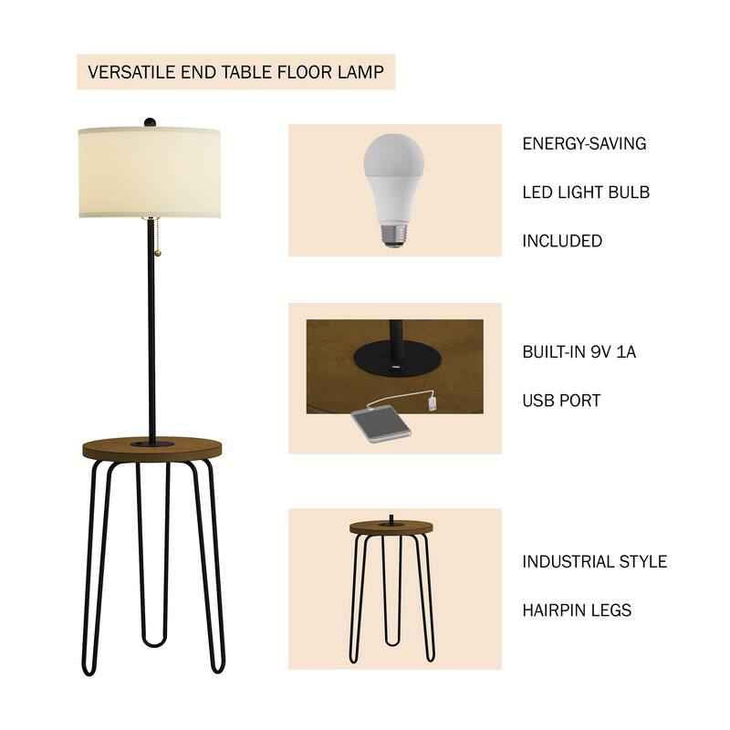 Lavish Home 59" Floor Lamp with Side Table, USB Port, and Hairpin Legs