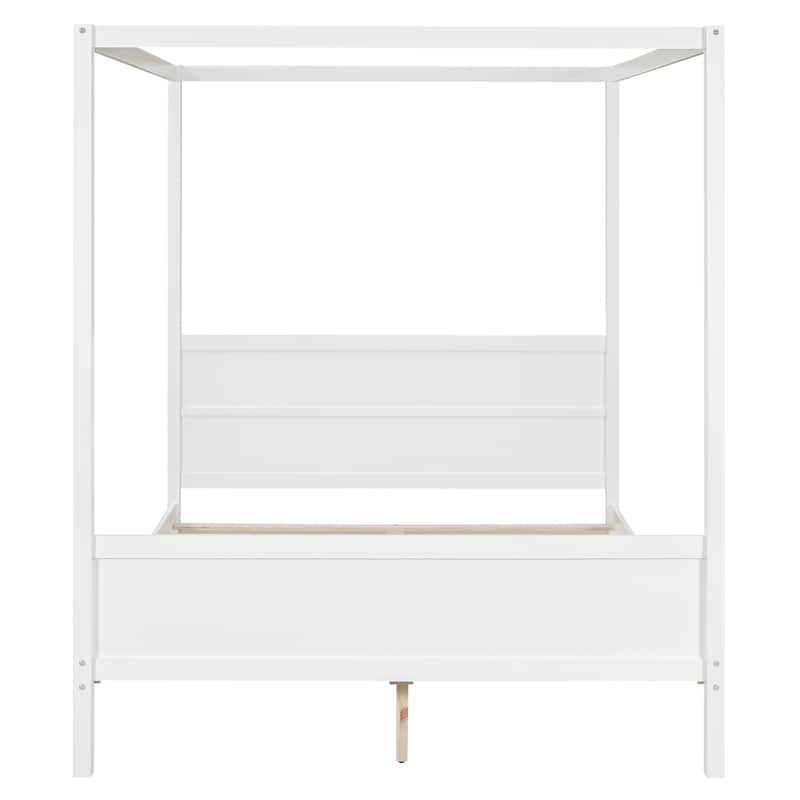 HomeRoots White Inlaid Panels Wood Queen Canopy Bed