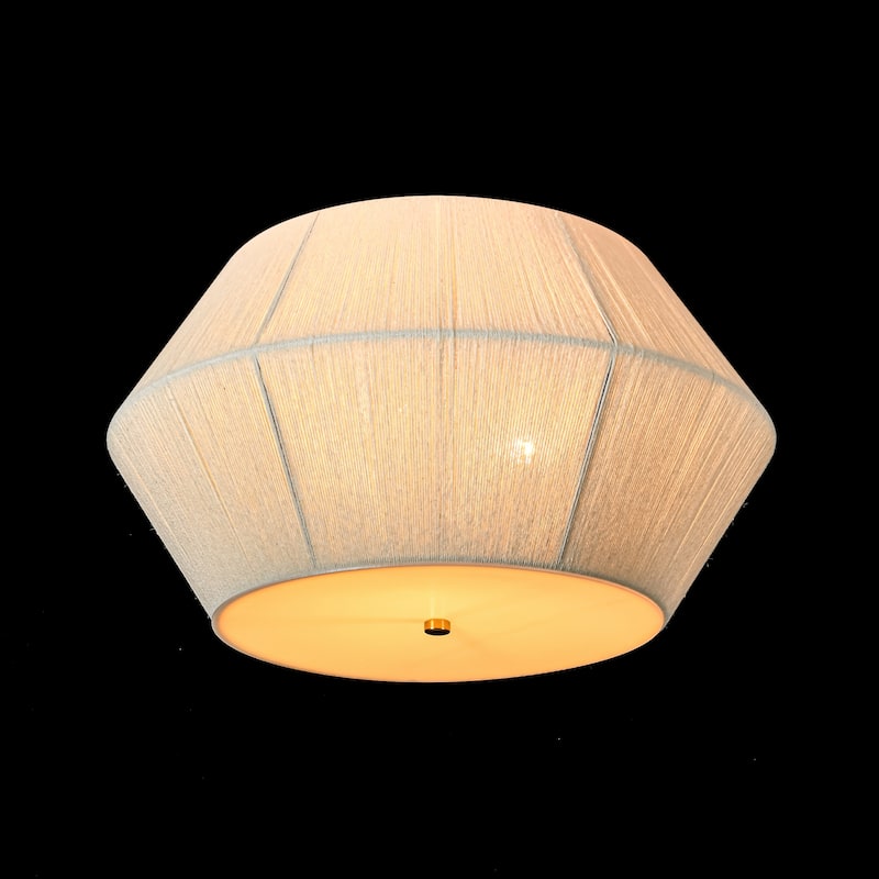 17.7" 3-Light Farmhouse Rustic Brass Ivory Rope Drum Flush Mount Ceiling Light - 17.7 in. Dia x 10.6 in. H