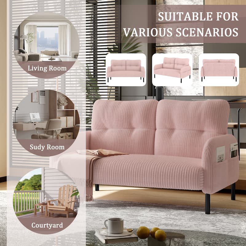 HOMEFUN Corduroy Upholstered Tufted Comfortable Wood Frame Loveseats Sofa with Double Side Pocket