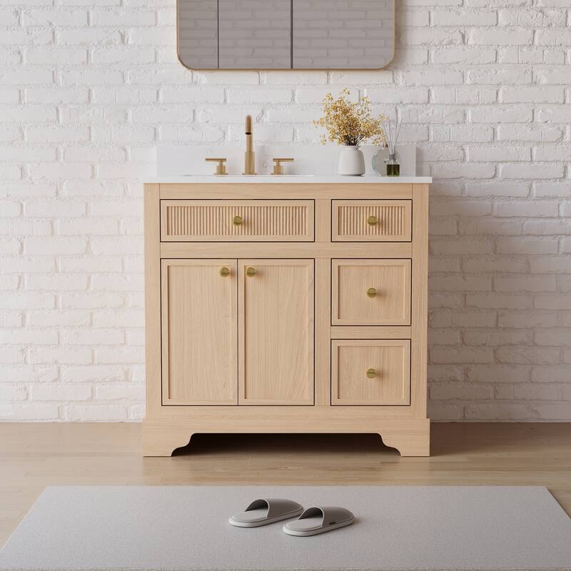 35''H Bath Solid Wood Vanity with Stain-resistant Carrera White Quartz Top And Single Sink - 36''Wx35''H