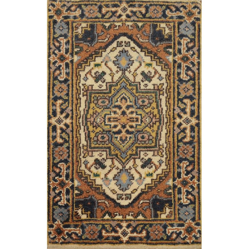 Hand Knotted Oriental 100% Wool Carpet Traditional Medallion Beige & Ivories Heriz (serapi) Area Rug - 3' 0'' X 2' 0''