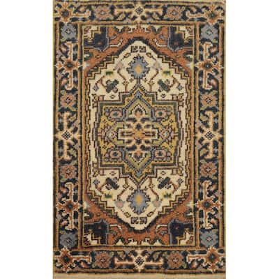 Hand Knotted Oriental 100% Wool Carpet Traditional Medallion Beige & Ivories Heriz (serapi) Area Rug - 3' 0'' X 2' 0''