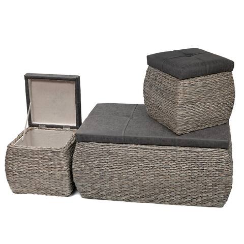 Natural Rush Ottoman Bench With Storage-set Of 3