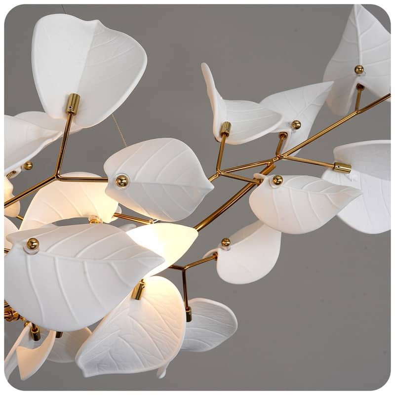 KAYLA 31.5" 6-Light Luxury Gold Round Chandelier, Modern Ceramic Leaf Branch