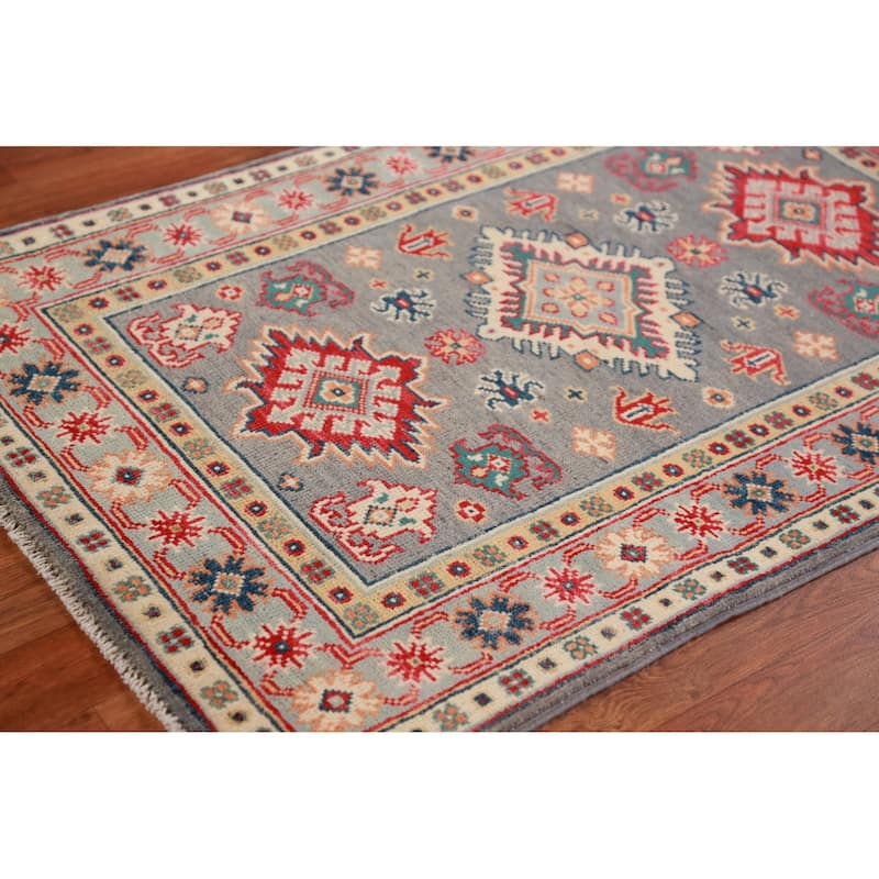 Geometric Gray Kazak Foyer Rug Hand-Knotted Wool Carpet - 2'7"x 4'1"