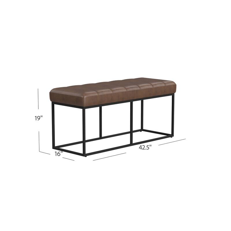 Kai Bench, Open Metal Frame, Brown Channel Stitch Faux Leather 43 Inch