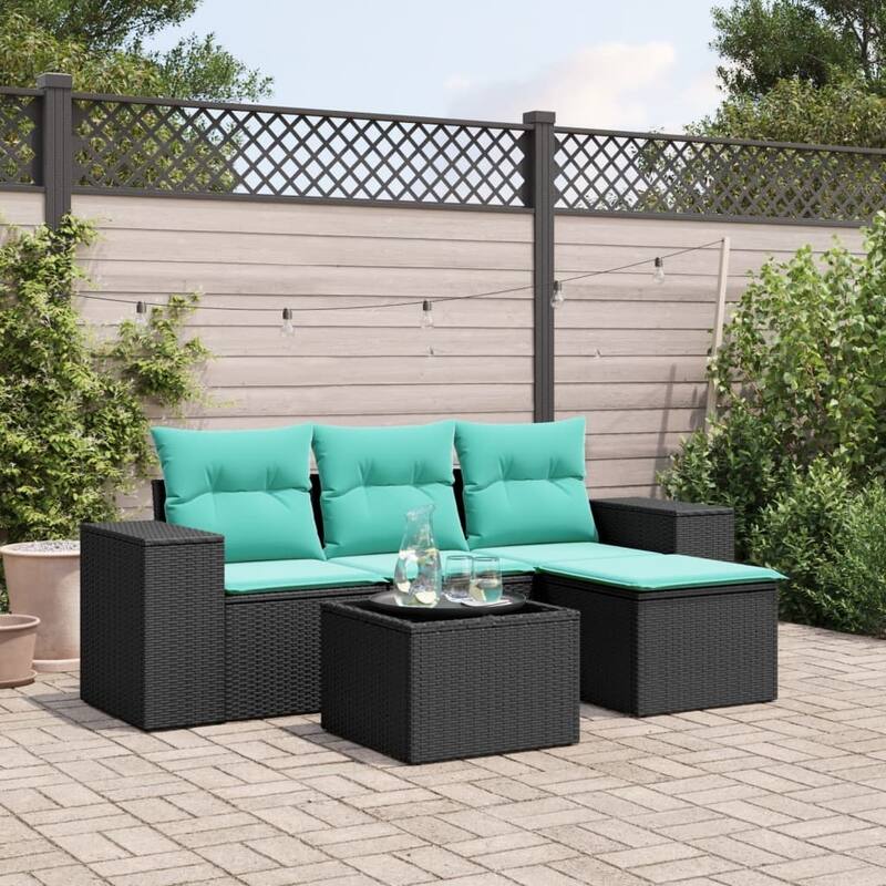 vidaXL 5 Piece Patio Sofa Set with Cushions Black Poly Rattan - 21.7 x 24.4 x 27.2